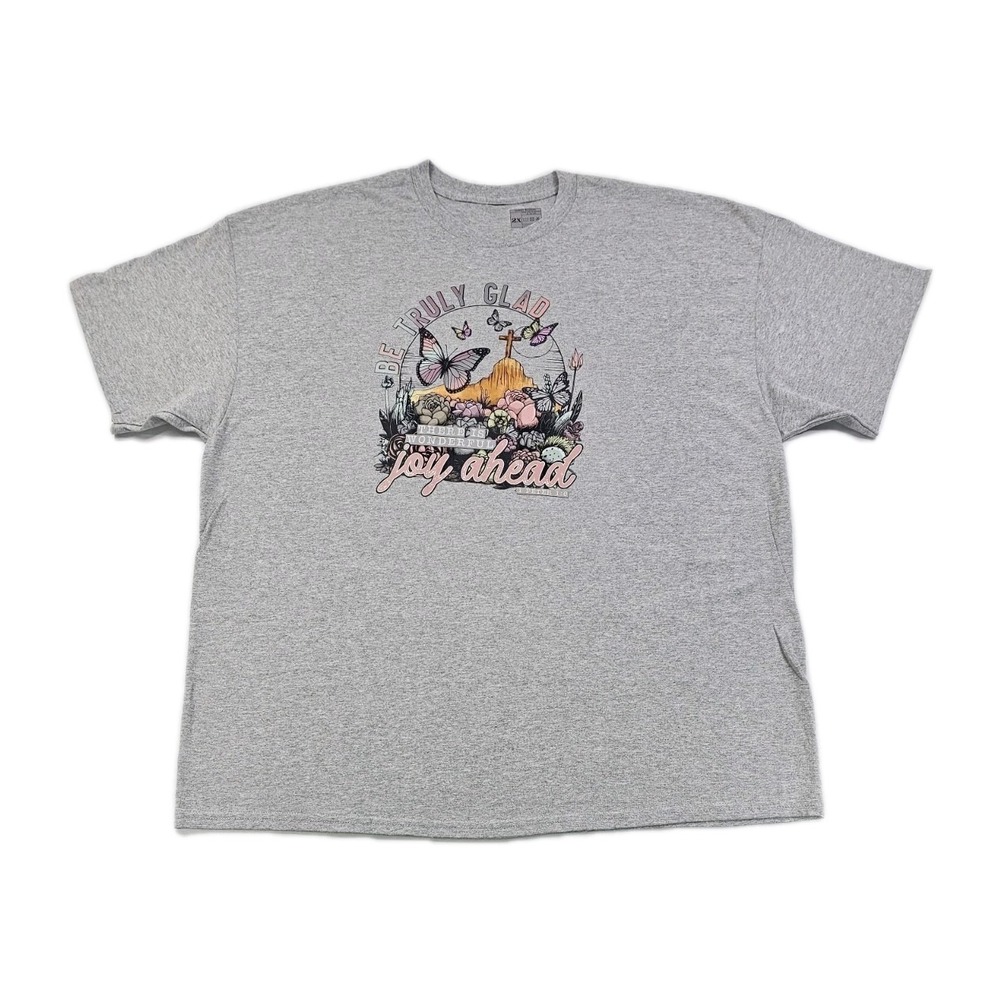 Be Truly Glad Wonderful Joy Ahead 2X grey Shirt Christian Cross Peace Butterfly